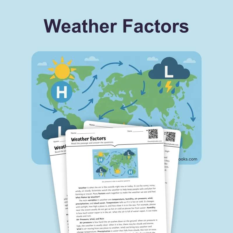 Weather Factors — science — reading comprehension for Grade 5, Grade 6, Grade 7, Grade 8, page 1 of 4