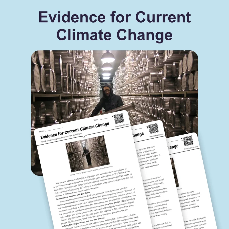 Evidence for Current Climate Change — science — reading comprehension for Grade 5, Grade 6, Grade 7, Grade 8, page 1 of 4