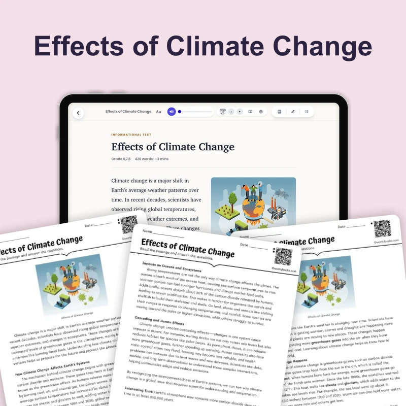 Effects of Climate Change — science — reading comprehension for Grade 5, Grade 6, Grade 7, Grade 8, page 1 of 4