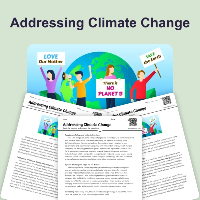 Addressing Climate Change — science — reading comprehension for Grade 5, Grade 6, Grade 7, Grade 8, page 1 of 4
