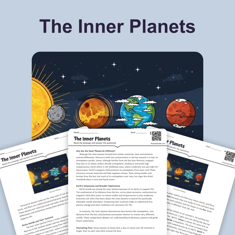 The Inner Planets — science — reading comprehension for Grade 5, Grade 6, Grade 7, Grade 8, page 1 of 4