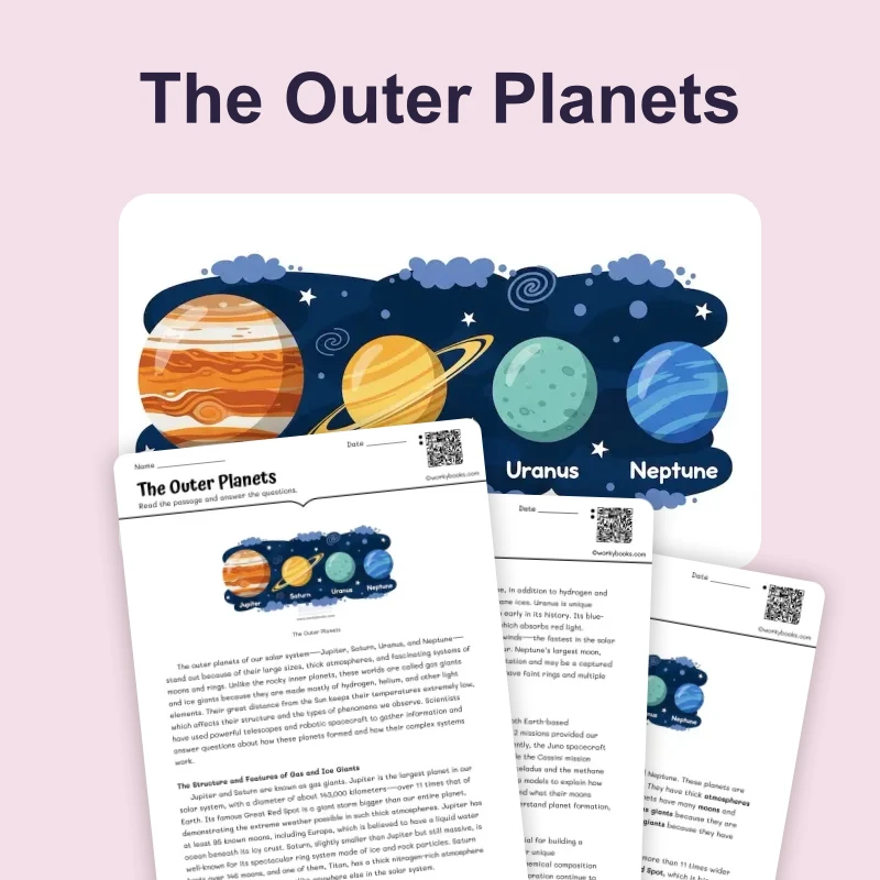 The Outer Planets — science — reading comprehension for Grade 5, Grade 6, Grade 7, Grade 8, page 1 of 4