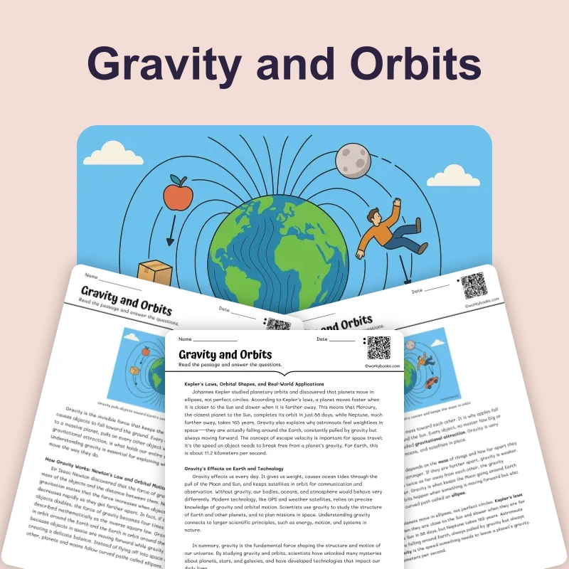 Gravity and Orbits — science — reading comprehension for Grade 5, Grade 6, Grade 7, Grade 8, page 1 of 4