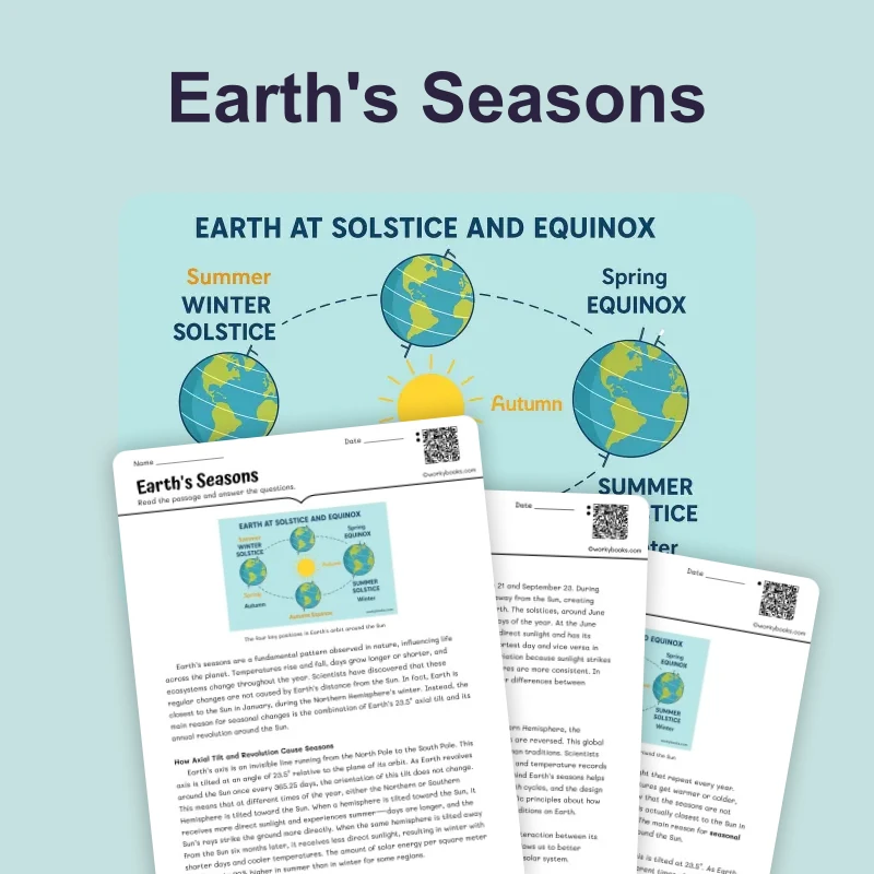 Earth's Seasons — science — reading comprehension for Grade 5, Grade 6, Grade 7, Grade 8, page 1 of 4
