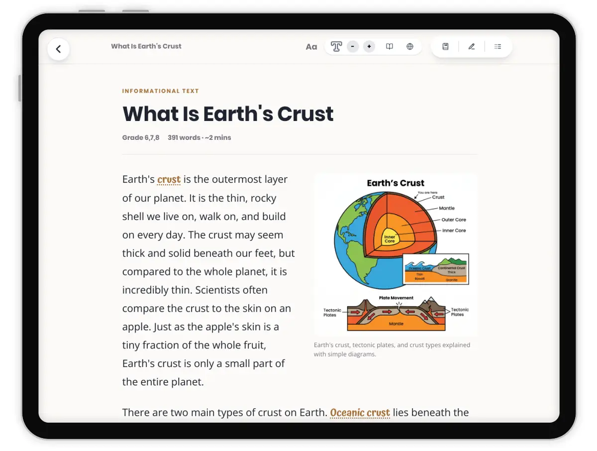 What Is Earth's Crust — science — reading comprehension for Grade 5, Grade 6, Grade 7, Grade 8, page 1 of 1