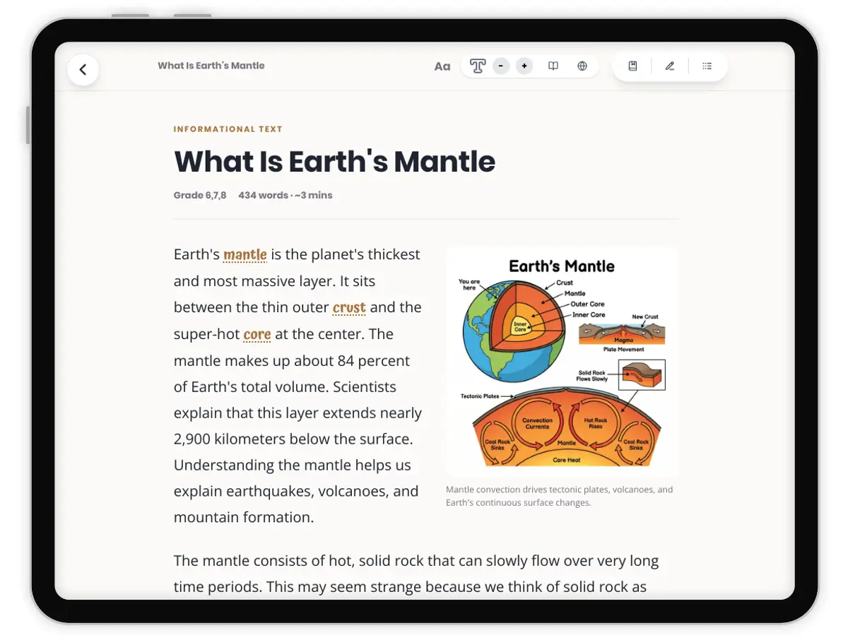 What Is Earth's Mantle — science — reading comprehension for Grade 5, Grade 6, Grade 7, Grade 8, page 1 of 1