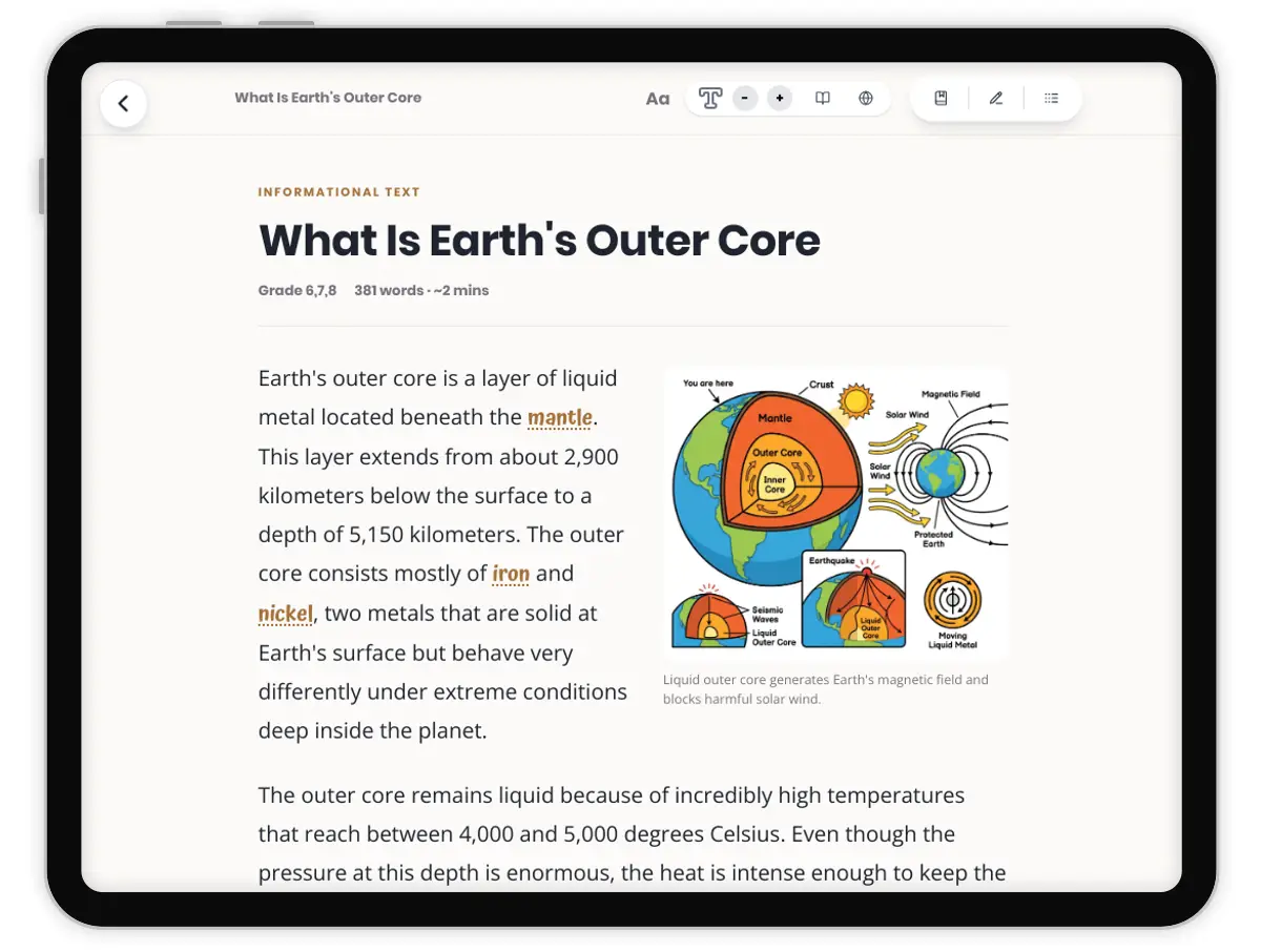 What Is Earth's Outer Core — science — reading comprehension for Grade 5, Grade 6, Grade 7, Grade 8, page 1 of 1