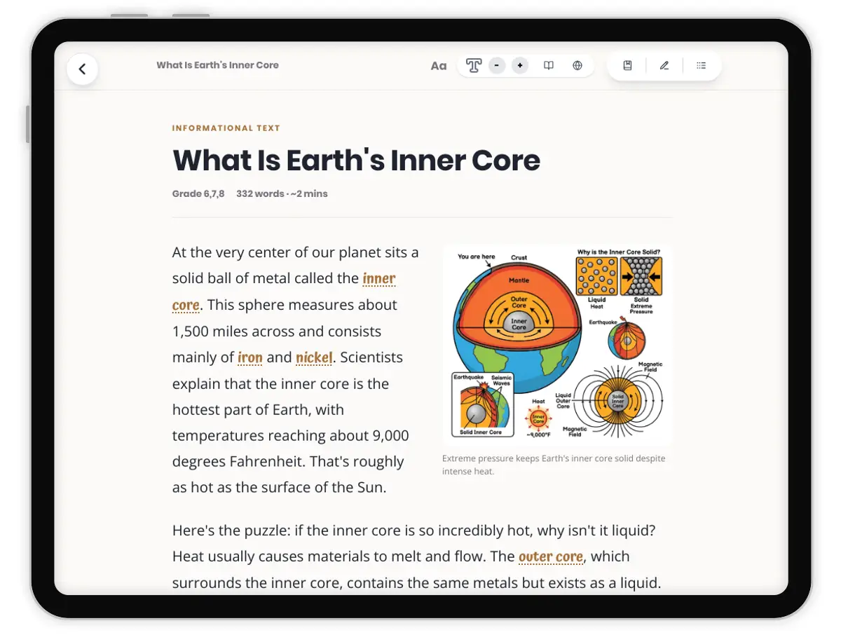 What Is Earth's Inner Core — science — reading comprehension for Grade 5, Grade 6, Grade 7, Grade 8, page 1 of 1