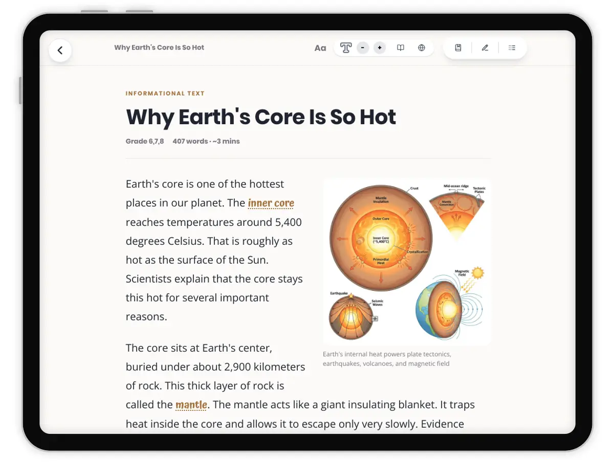 Why Earth's Core Is So Hot — science — reading comprehension for Grade 5, Grade 6, Grade 7, Grade 8, page 1 of 1