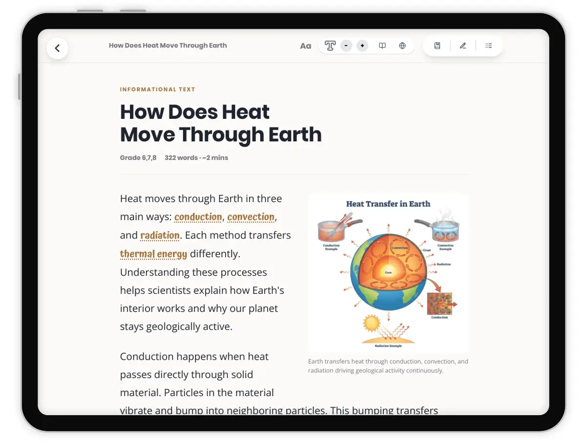 How Does Heat Move Through Earth — science — reading comprehension for Grade 5, Grade 6, Grade 7, Grade 8, page 1 of 1