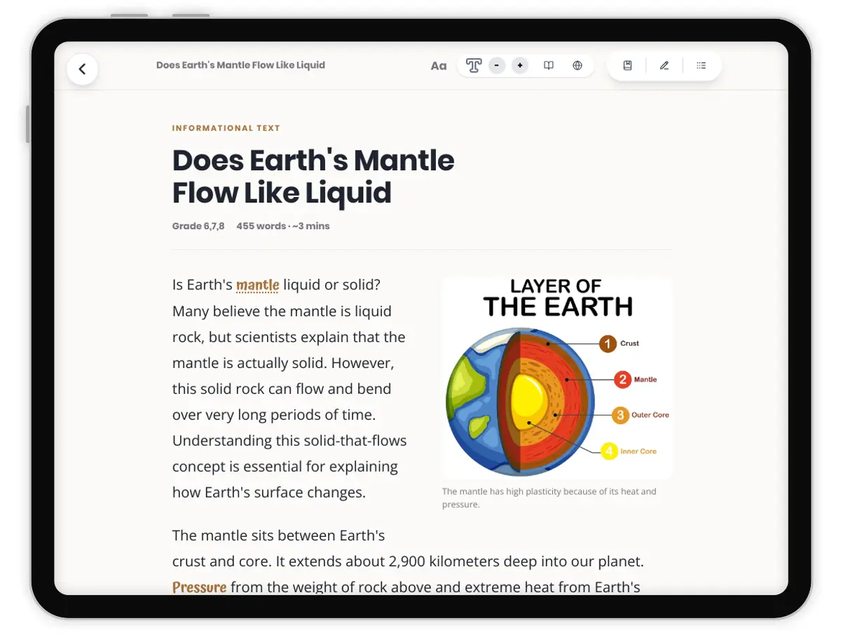 Does Earth's Mantle Flow Like Liquid — science — reading comprehension for Grade 5, Grade 6, Grade 7, Grade 8, page 1 of 1