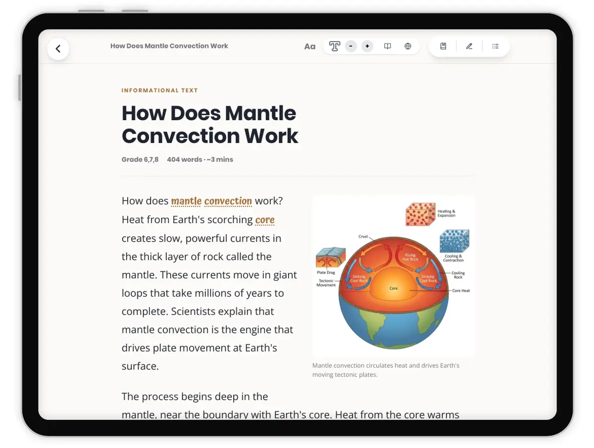 How Does Mantle Convection Work — science — reading comprehension for Grade 5, Grade 6, Grade 7, Grade 8, page 1 of 1