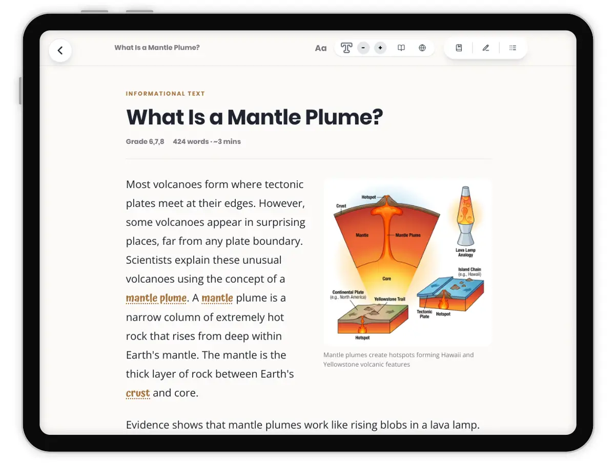 What Is a Mantle Plume — science — reading comprehension for Grade 5, Grade 6, Grade 7, Grade 8, page 1 of 1