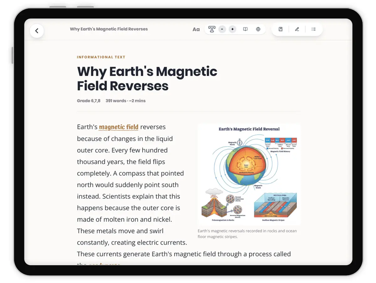 Why Earth's Magnetic Field Reverses — science — reading comprehension for Grade 5, Grade 6, Grade 7, Grade 8, page 1 of 1