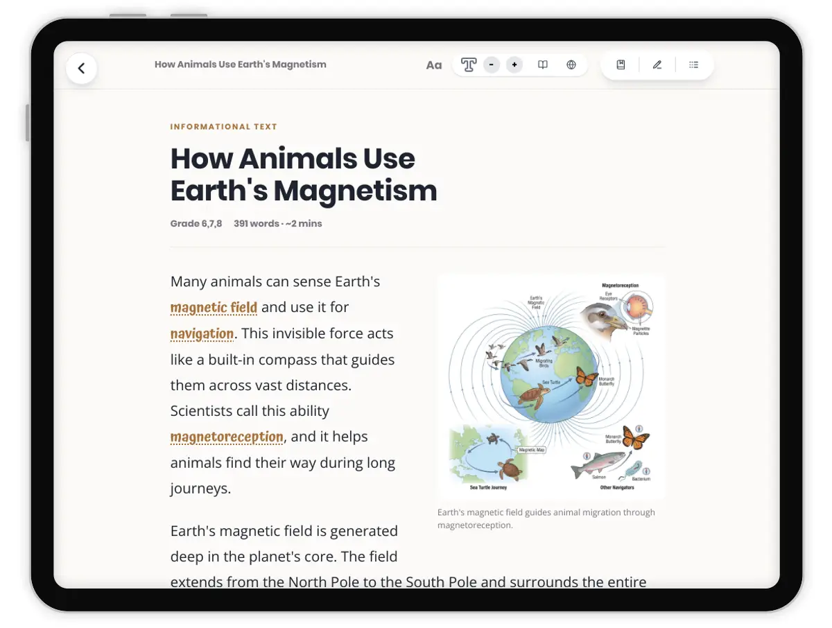 How Animals Use Earth's Magnetism — science — reading comprehension for Grade 5, Grade 6, Grade 7, Grade 8, page 1 of 1