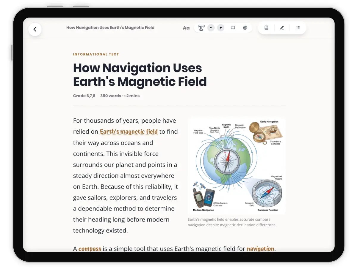 How Navigation Uses Earth's Magnetic Field — science — reading comprehension for Grade 5, Grade 6, Grade 7, Grade 8, page 1 of 1