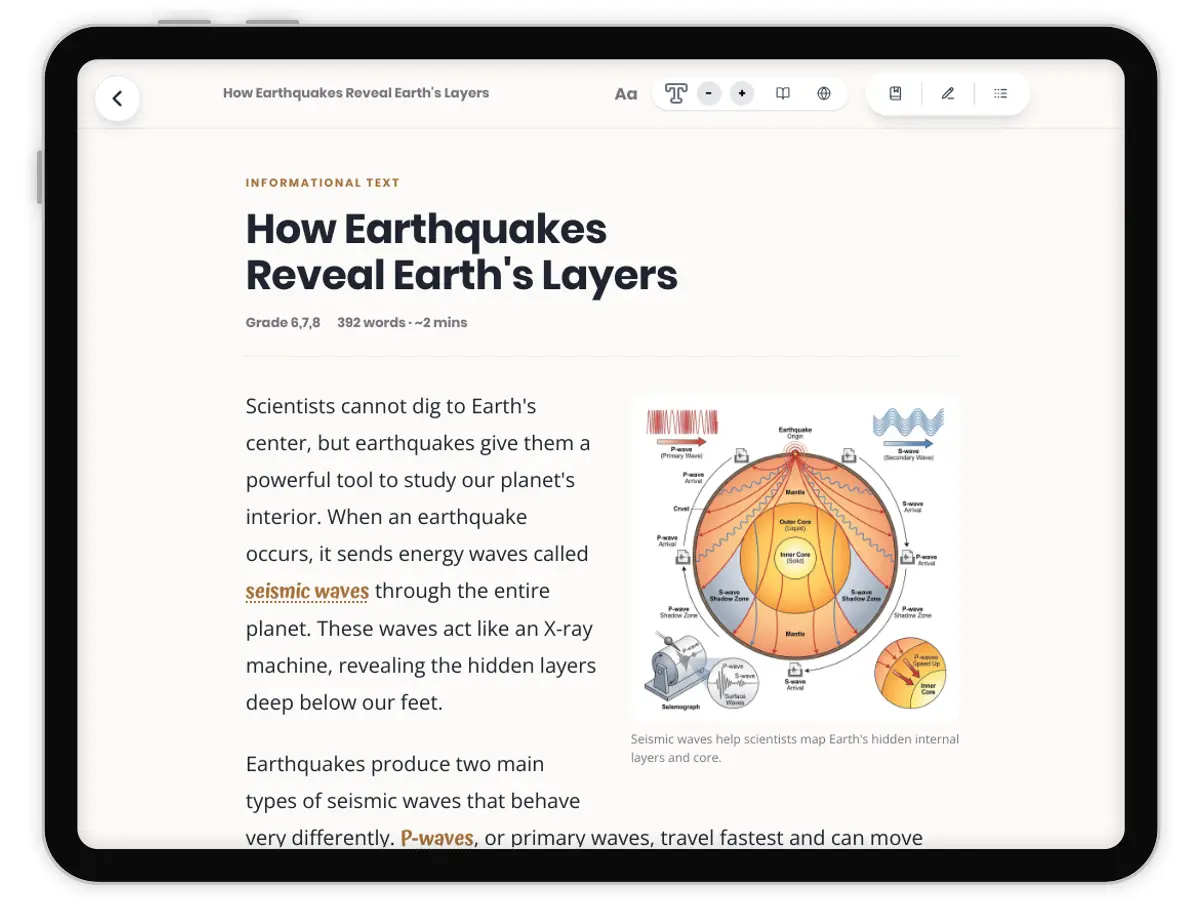 How Earthquakes Reveal Earth's Layers — science — reading comprehension for Grade 5, Grade 6, Grade 7, Grade 8, page 1 of 1