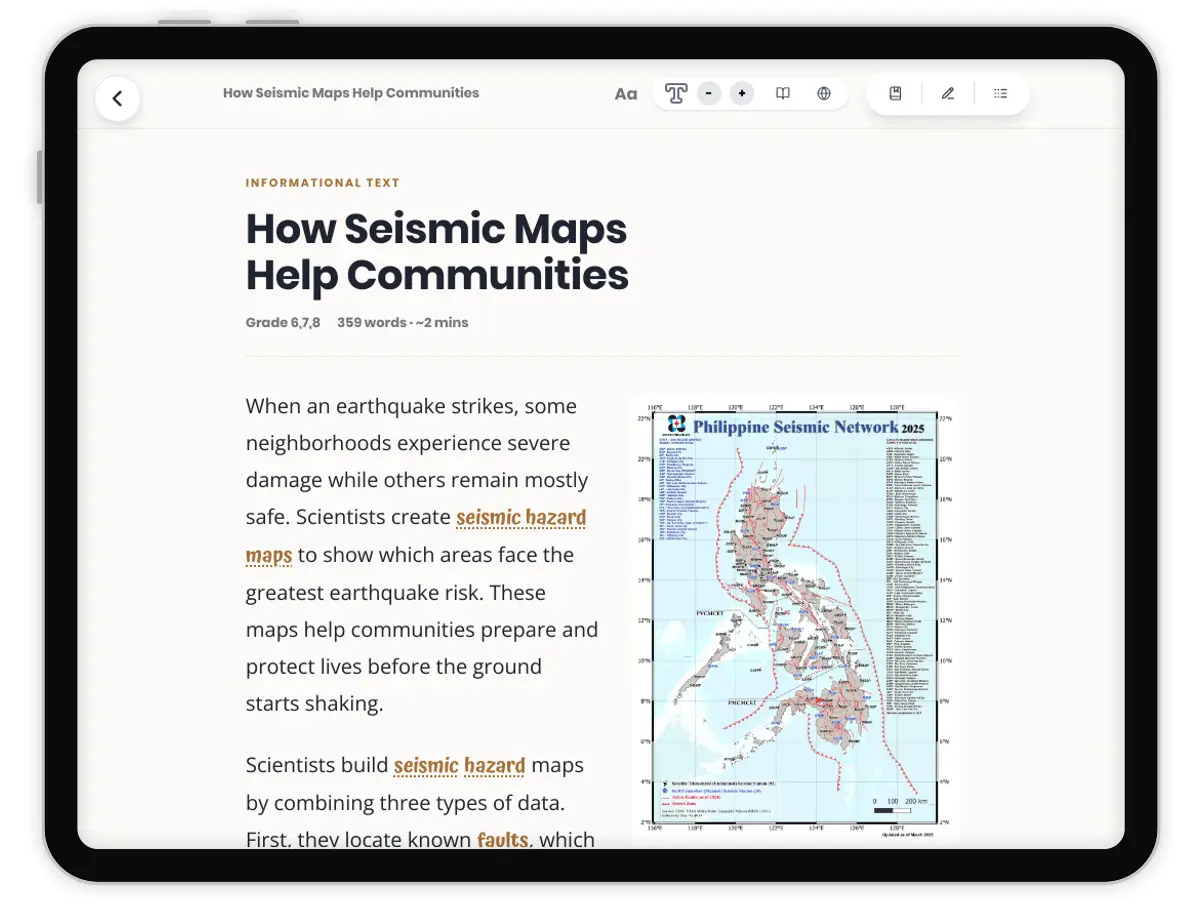 How Seismic Maps Help Communities — science — reading comprehension for Grade 5, Grade 6, Grade 7, Grade 8, page 1 of 1