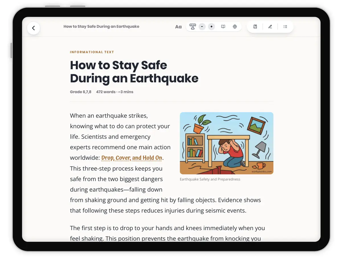 How to Stay Safe During an Earthquake — science — reading comprehension for Grade 5, Grade 6, Grade 7, Grade 8, page 1 of 1