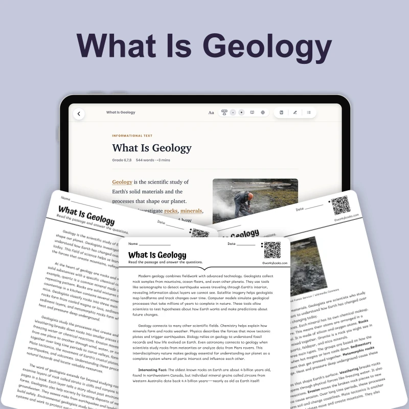 What Is Geology — science — reading comprehension for Grade 6, Grade 7, Grade 8, page 1 of 4