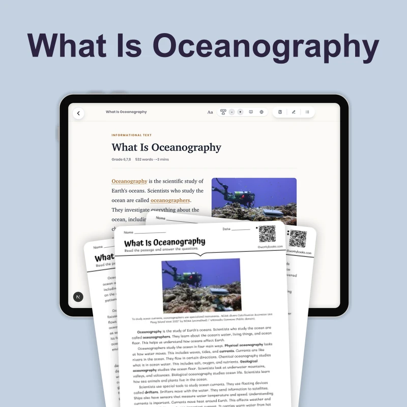 What Is Oceanography — science — reading comprehension for Grade 6, Grade 7, Grade 8, page 1 of 4