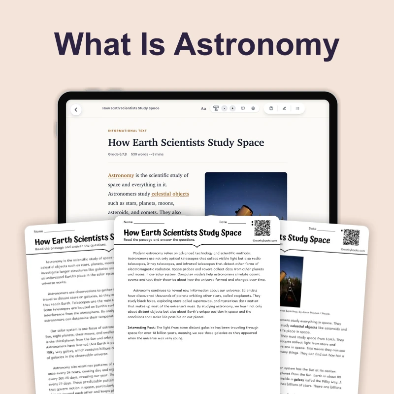 What Is the Science of Astronomy — science — reading comprehension for Grade 6, Grade 7, Grade 8, page 1 of 4