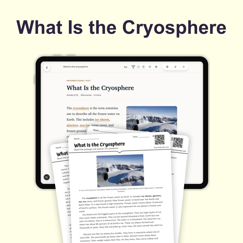 What Is the Cryosphere — science — reading comprehension for Grade 6, Grade 7, Grade 8, page 1 of 4