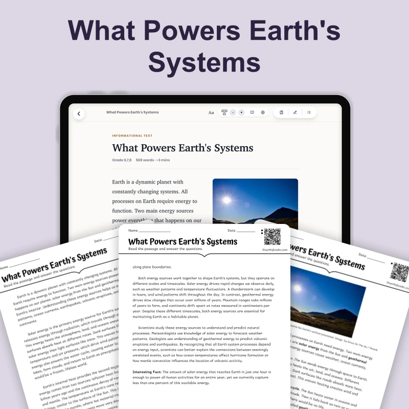 What Powers Earth's Systems — science — reading comprehension for Grade 6, Grade 7, Grade 8, page 1 of 4
