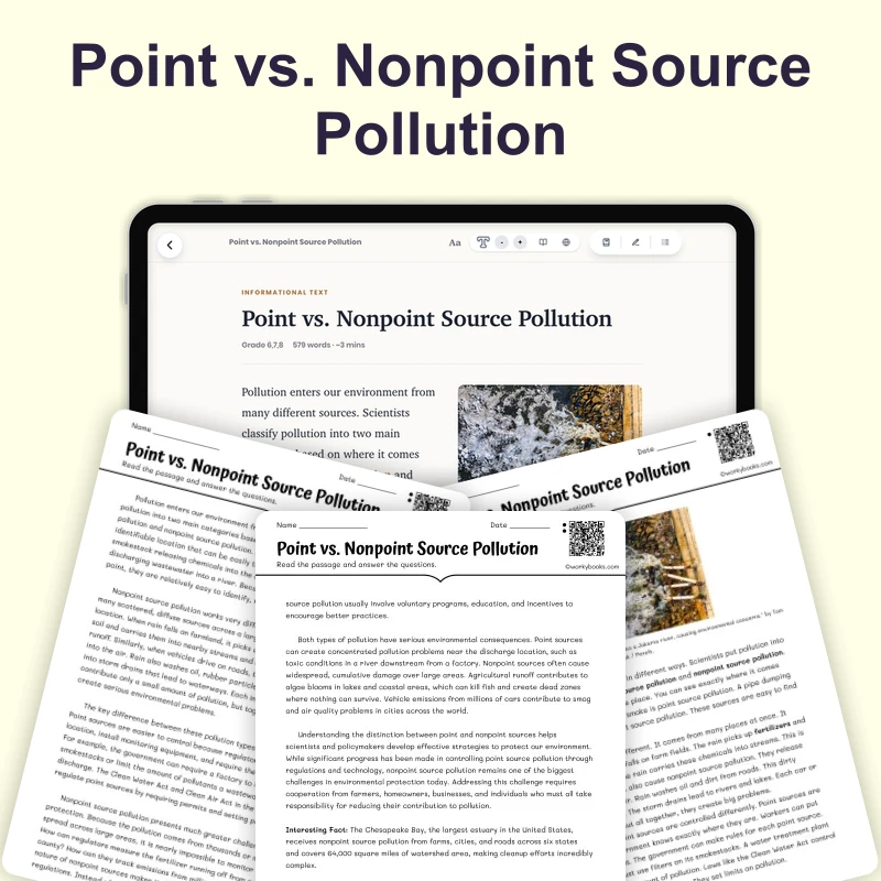 Point vs. Nonpoint Source Pollution — science — reading comprehension for Grade 6, Grade 7, Grade 8, page 1 of 4