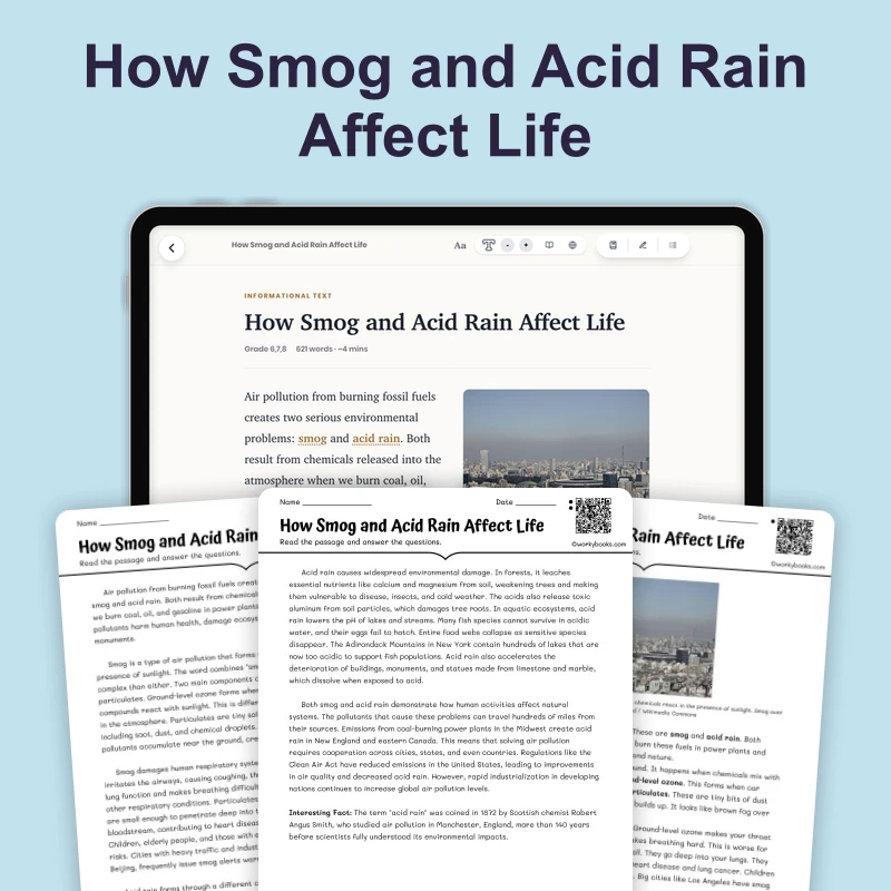 How Do Smog and Acid Rain Affect Living Things — science — reading comprehension for Grade 6, Grade 7, Grade 8, page 1 of 4
