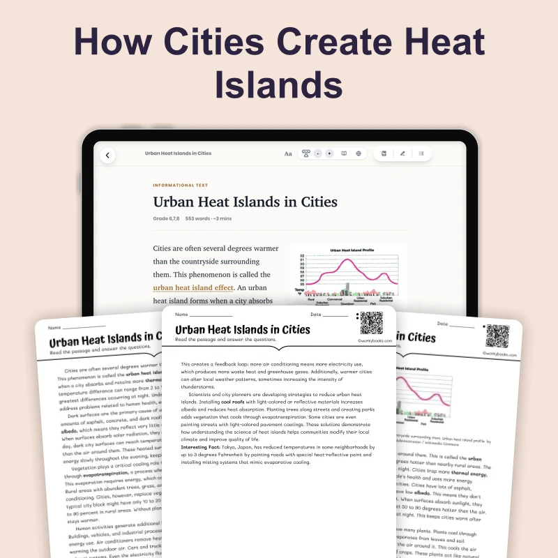 Urban Heat Islands in Cities — science — reading comprehension for Grade 6, Grade 7, Grade 8, page 1 of 4
