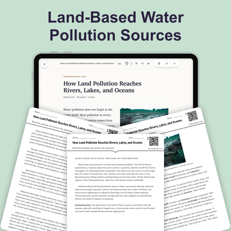 How Land Pollution Reaches Rivers, Lakes, and Oceans — science — reading comprehension for Grade 6, Grade 7, Grade 8, page 1 of 4