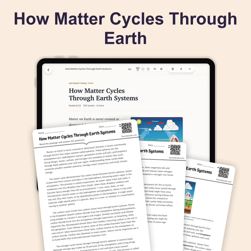 How Matter Cycles Through Earth Systems — science — reading comprehension for Grade 6, Grade 7, Grade 8, page 1 of 4