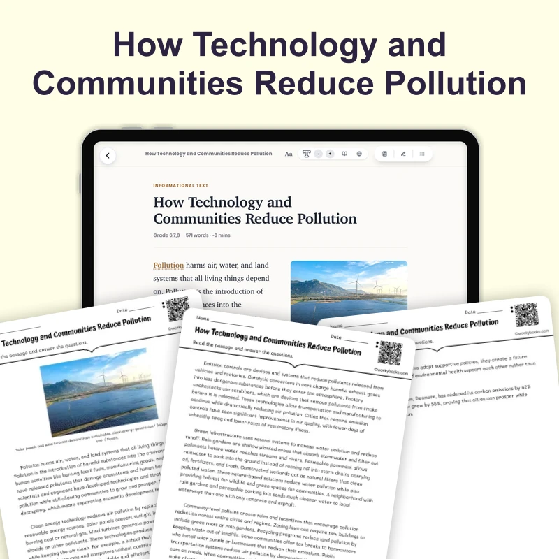 How Technology and Communities Reduce Pollution — science — reading comprehension for Grade 6, Grade 7, Grade 8, page 1 of 4