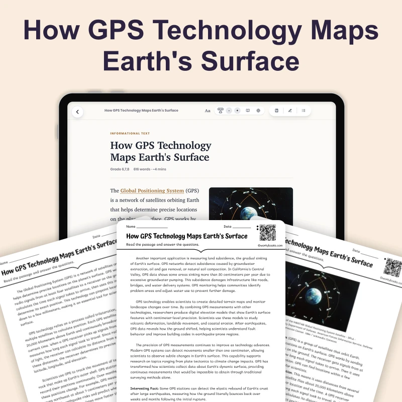 How GPS Technology Map Earth's Surface — science — reading comprehension for Grade 6, Grade 7, Grade 8, page 1 of 4