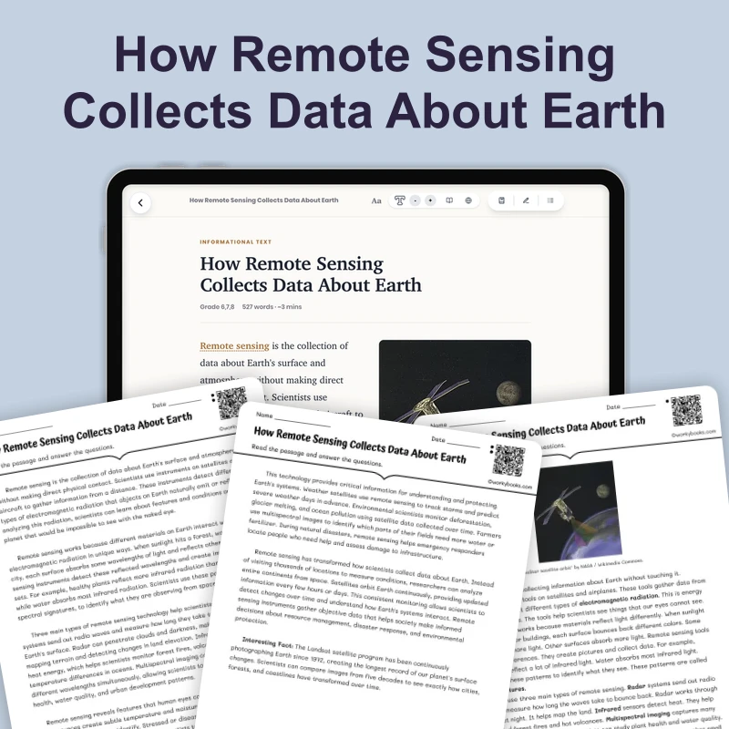 How Remote Sensing Collects Data About Earth — science — reading comprehension for Grade 6, Grade 7, Grade 8, page 1 of 4