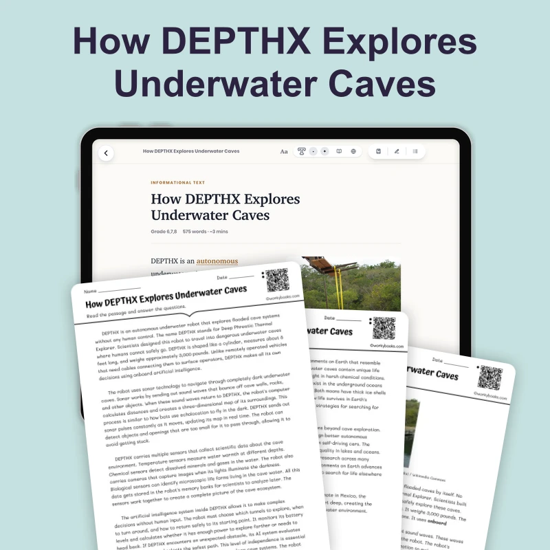 How DEPTHX Explores Underwater Caves — science — reading comprehension for Grade 6, Grade 7, Grade 8, page 1 of 4