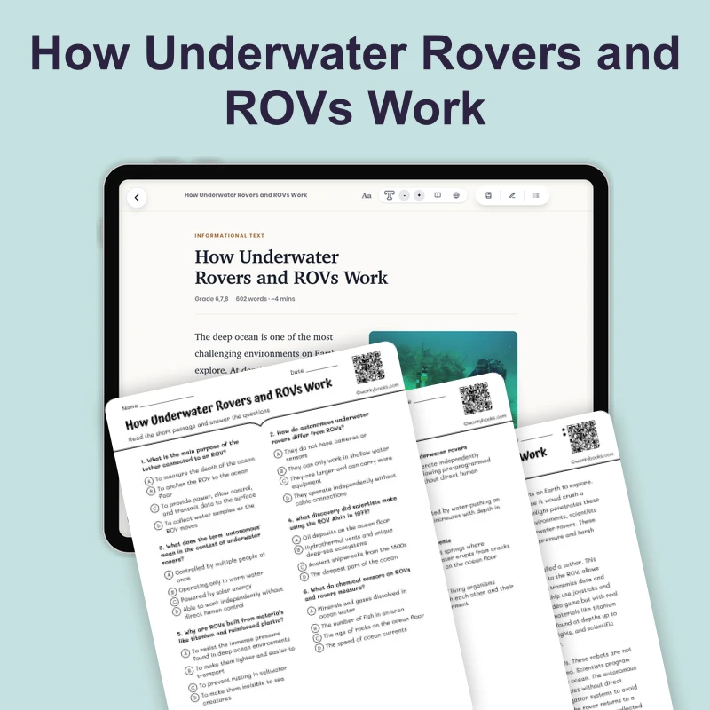 How Underwater Rovers and ROVs Work — science — reading comprehension for Grade 6, Grade 7, Grade 8, page 1 of 4