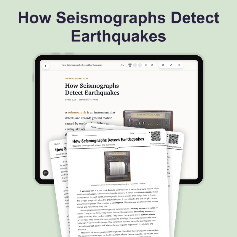 How Do Seismographs Detect Earthquakes — science — reading comprehension for Grade 6, Grade 7, Grade 8, page 1 of 4