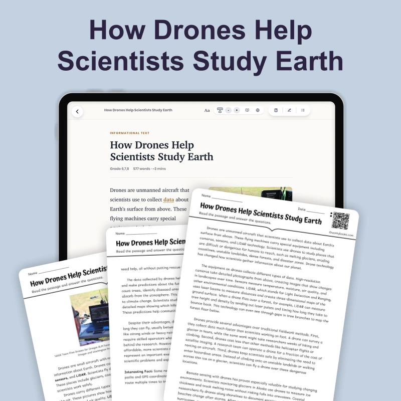 How Drones Help Scientists Study Earth — science — reading comprehension for Grade 6, Grade 7, Grade 8, page 1 of 4
