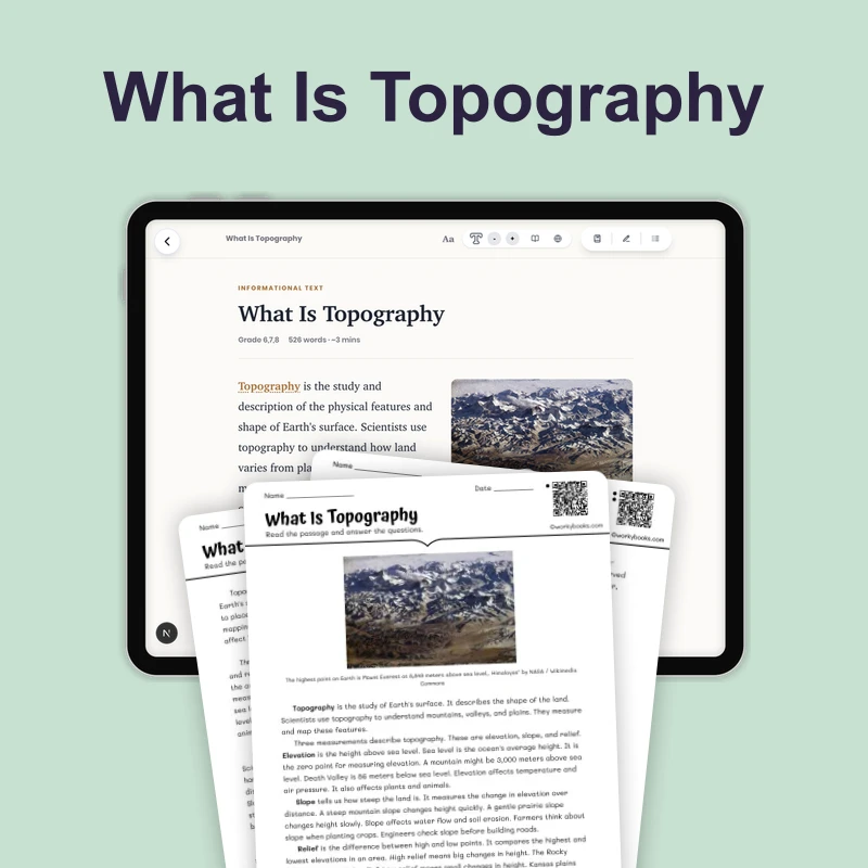 What Is Topography — science — reading comprehension for Grade 6, Grade 7, Grade 8, page 1 of 4