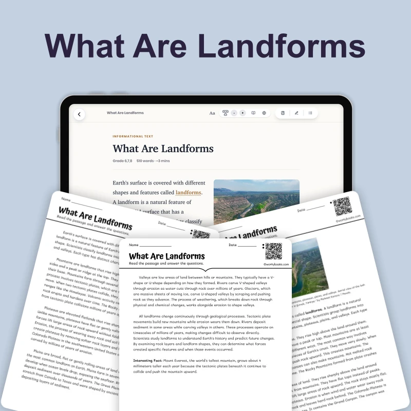 What Are Landforms — science — reading comprehension for Grade 6, Grade 7, Grade 8, page 1 of 4