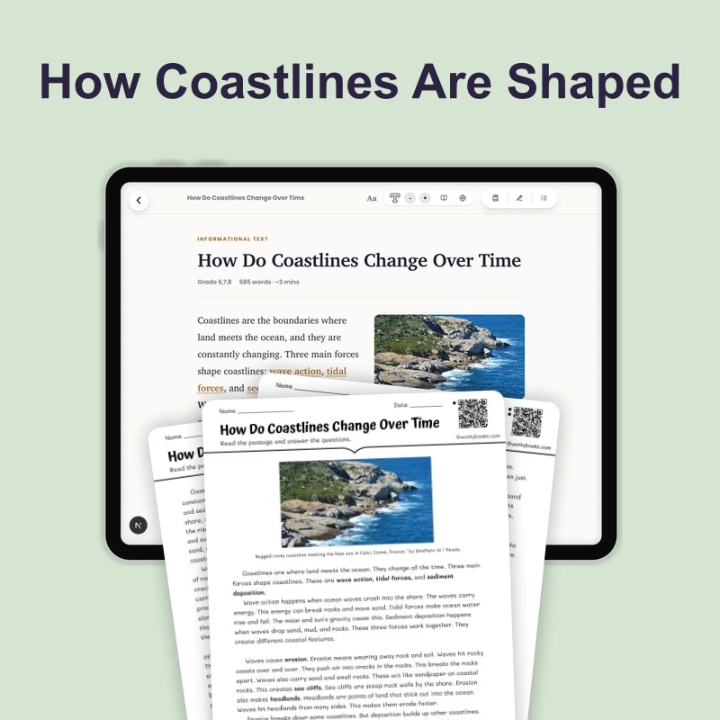 How Do Coastlines Change Over Time — science — reading comprehension for Grade 6, Grade 7, Grade 8, page 1 of 4