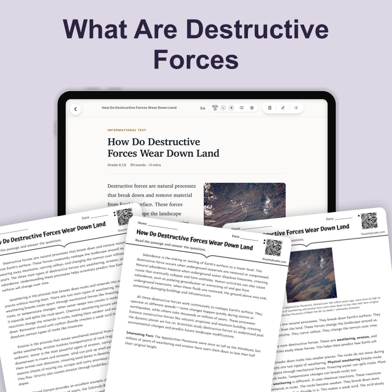 How Do Destructive Forces Wear Down Land — science — reading comprehension for Grade 6, Grade 7, Grade 8, page 1 of 4
