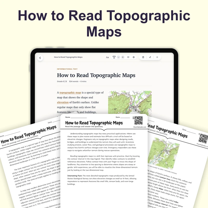 How to Read Topographic Maps — science — reading comprehension for Grade 6, Grade 7, Grade 8, page 1 of 4