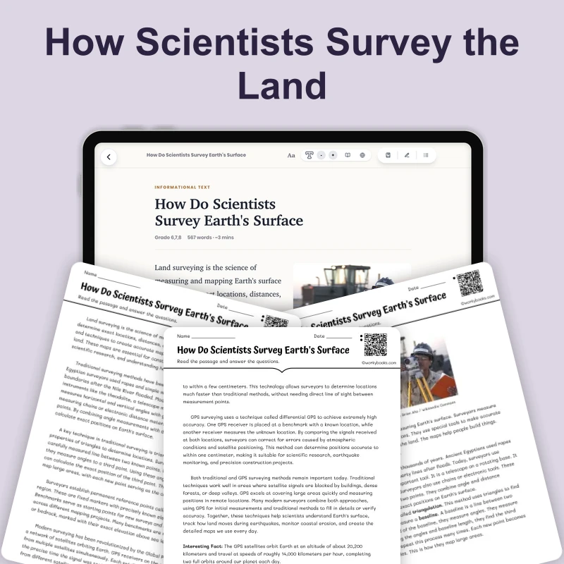 How Do Scientists Survey Earth's Surface — science — reading comprehension for Grade 6, Grade 7, Grade 8, page 1 of 4