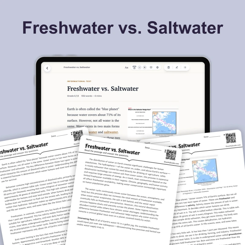 How Freshwater Differs from Saltwater — science — reading comprehension for Grade 6, Grade 7, Grade 8, page 1 of 4
