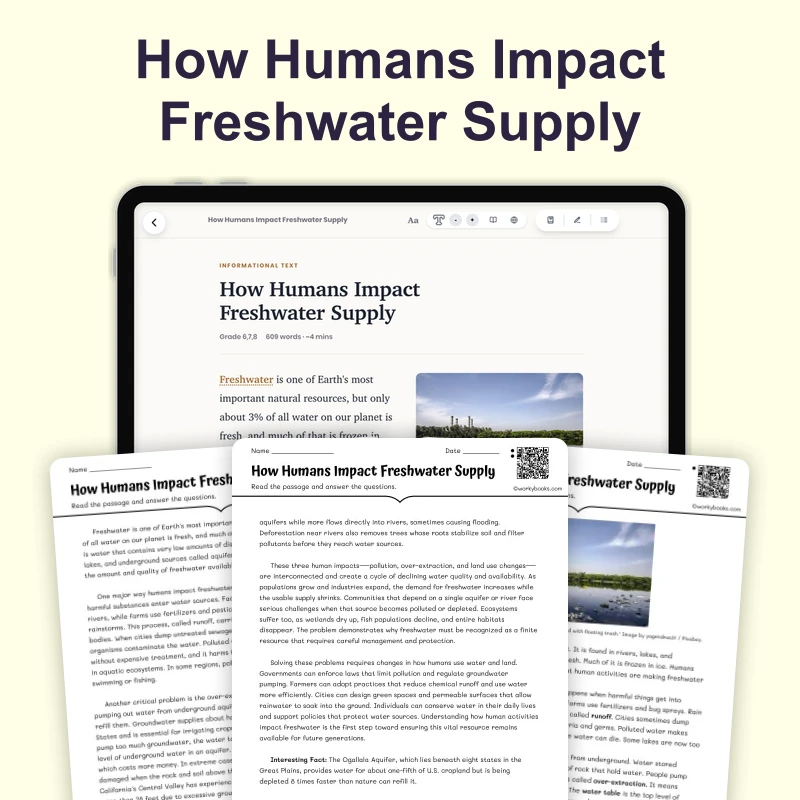 How Do Humans Impact Freshwater Supply — science — reading comprehension for Grade 6, Grade 7, Grade 8, page 1 of 4