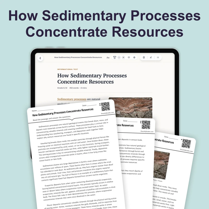 How Sedimentary Layers Build Resource Deposits — science — reading comprehension for Grade 6, Grade 7, Grade 8, page 1 of 4