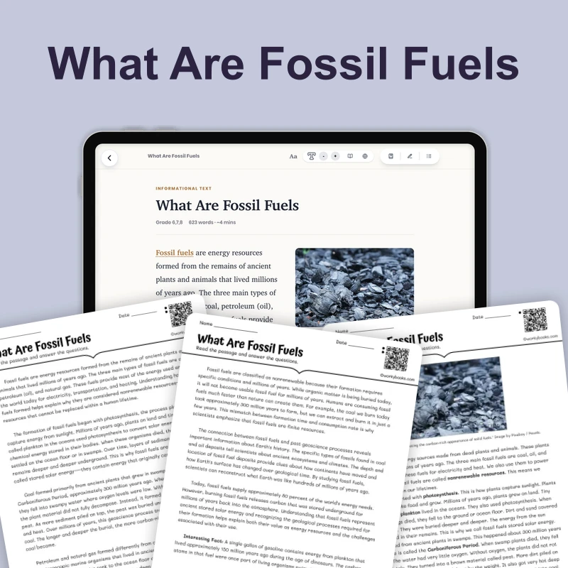 What Are Fossil Fuels — science — reading comprehension for Grade 6, Grade 7, Grade 8, page 1 of 4